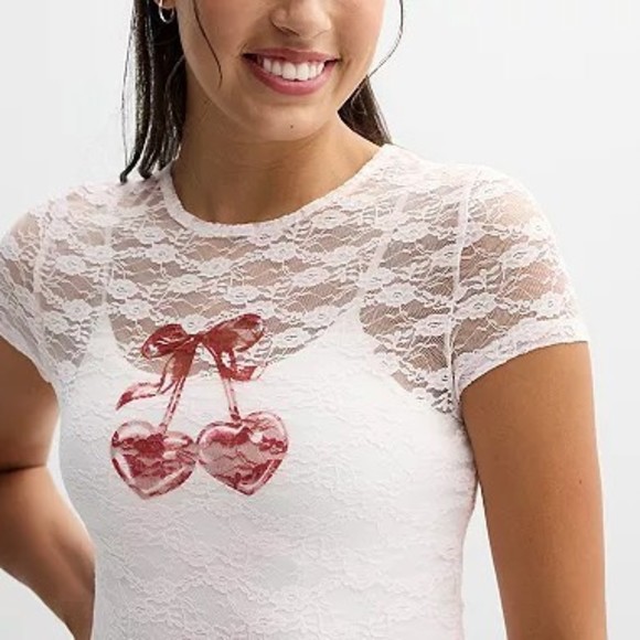 Sugar Moon CHERRY Short Sleeve Lace Cropped Tee - XL - Picture 2 of 5